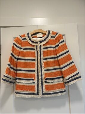 Kate Spade 100% Silk Ecru—Orange—Navy Jacket—GORGEOUS!! Lined. Size 6